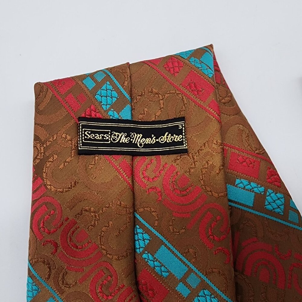 Sears Necktie Stripe Tan Red Teal Geometric Polyester 4" W 53" L - Picture 6 of 6